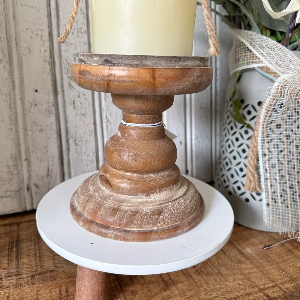 Pair of Rustic Wood Pillar Candle Stick - Picture 2 of 5